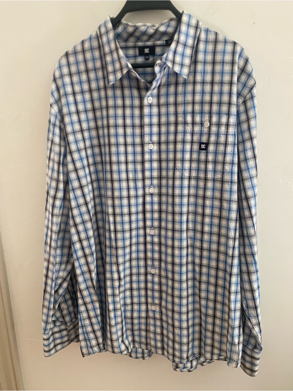 DC Men's Blue and White Plaid Button-Down Shirt